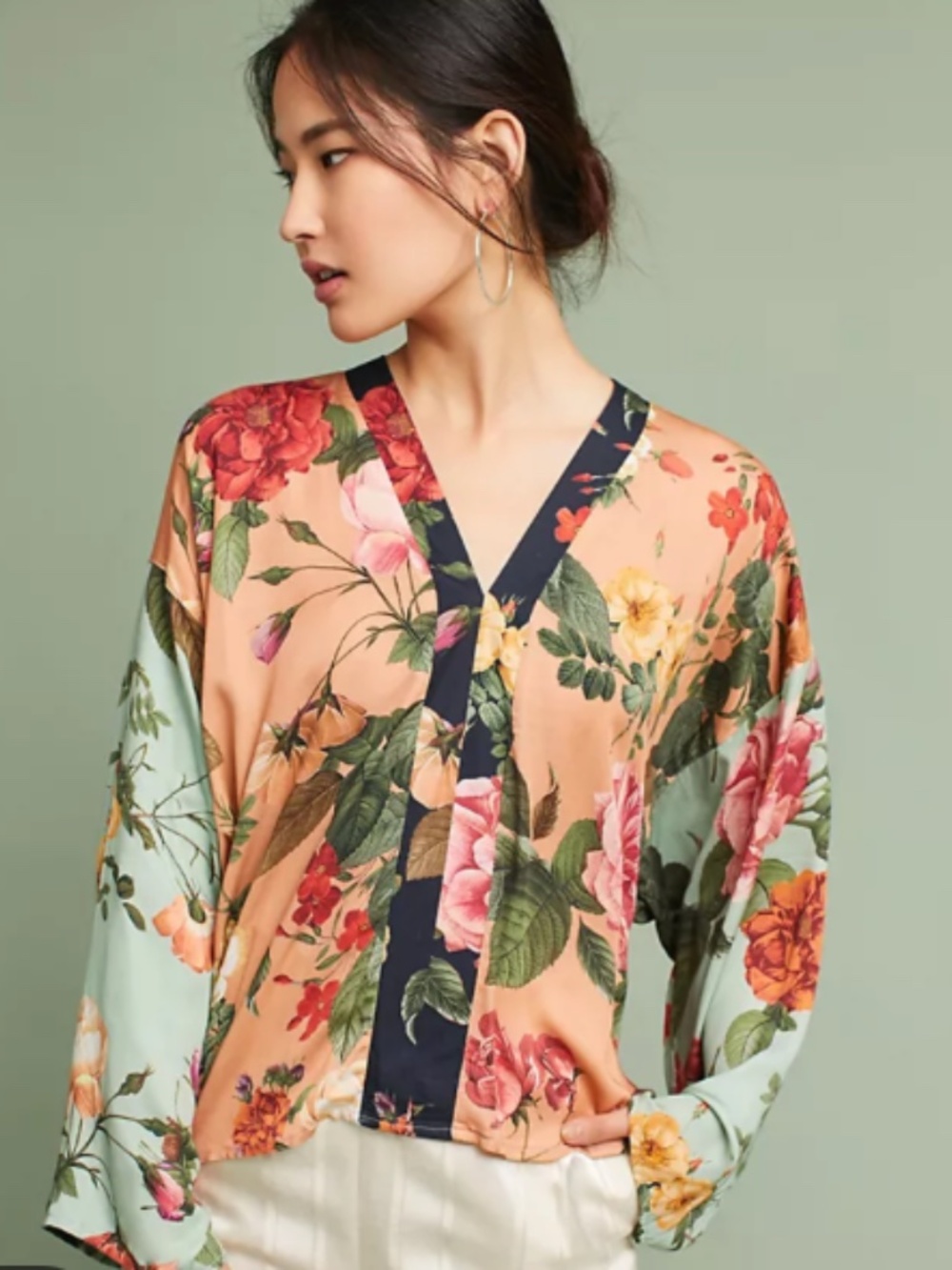 FARM Rio Peach & Mint Floral V-Neck Kimono